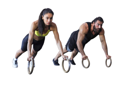Sporty man and woman doing push-ups on rings on a transparent background