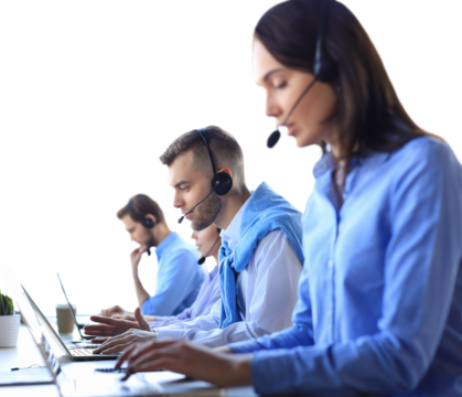 Smiling male call-center operator with headphones sitting on a transparent background, consulting online.