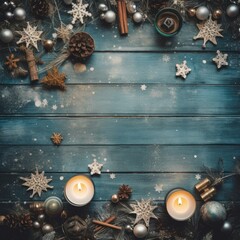 Wooden flat lay photo of christmas desktop wallpaper with christmas decorations and decorations on a blue wooden background, in the style of pictorialism, snow, candel, decoration is on edge localised