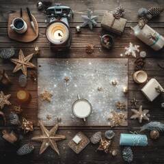 Wooden flat lay photo of christmas desktop wallpaper with christmas decorations and decorations on a wooden background, in the style of pictorialism, snow, candel, rounded,