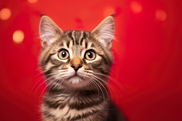 Festive banner with a kitten on red background.