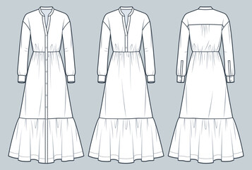 Set of Shirt Dress technical fashion illustration. Tiered Dress fashion flat technical drawing template, long sleeve, maxi length, front and back view, white, women CAD mockup set.