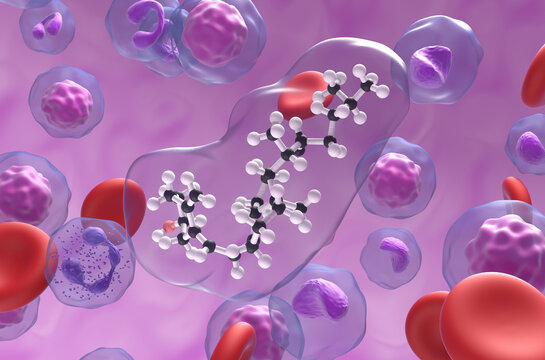 Vitamin D structure in the blood flow &ndash; ball and stick closeup view 3d illustration