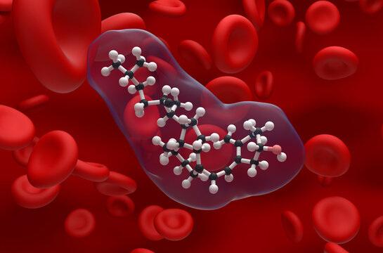 Vitamin D structure in the blood flow &ndash; ball and stick closeup view 3d illustration