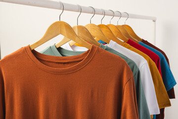 Obraz premium Multi coloured t shirts on hangers hanging from clothes rail and copy space on white background