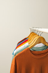 Fototapeta premium Multi coloured t shirts on hangers hanging from clothes rail and copy space on white background