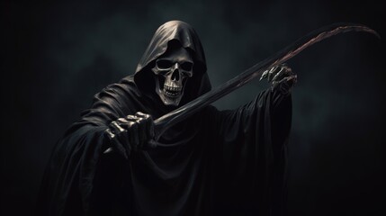 Fototapeta na wymiar Halloween. Grim reaper reaching towards the camera over dark background