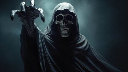 Halloween. Grim reaper reaching towards the camera over dark background - obrazy, fototapety, plakaty