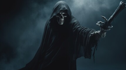 Fototapeta na wymiar Halloween. Grim reaper reaching towards the camera over dark, foggy background with copy space