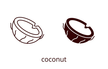 Coconut icon, line editable stroke and silhouette