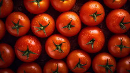 Top view of tomatoes with water drops background