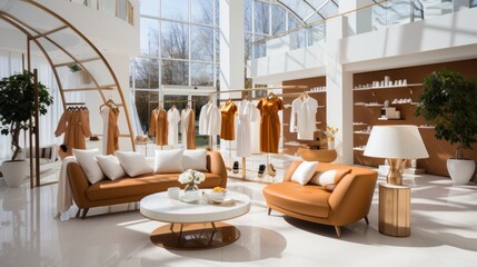 Showroom interior with stylish clothes and accessories for home advertising and background.