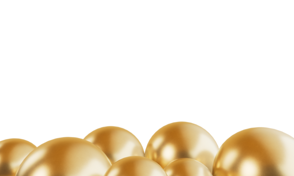Golden spheres of various sizes clustered at the bottom against a plain isolated transparent background, Golden ball.