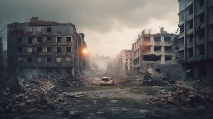earthquake destroyed town in the evening
