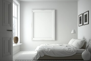 Fototapeta na wymiar White empty frame in bedroom. generative ai