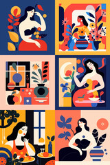 Neural network generated image. Woman with flower Flat design matisse style illustration.