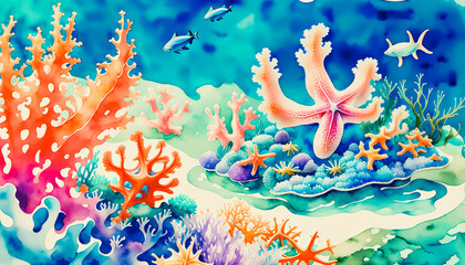Starfish at the ocean's Depths, Colorful watercolor Art. Generative AI.