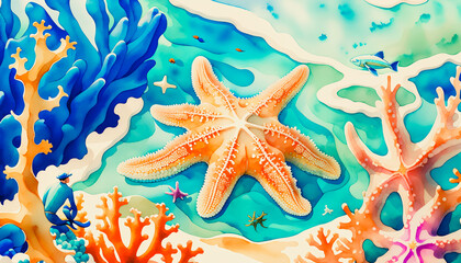 Fototapeta na wymiar Starfish at the ocean's Depths, Colorful watercolor Art. Generative AI.