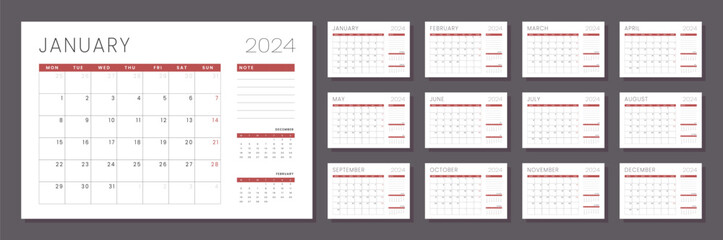 Set of 12 monthly page Calendar Planner on 2024 year. Vector Template of a wall or desk simple calendar with week start Monday in grey and red color for print.