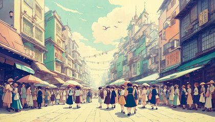 Fototapeta premium Crowd Crossing, Urban Street Scene. Generative AI.