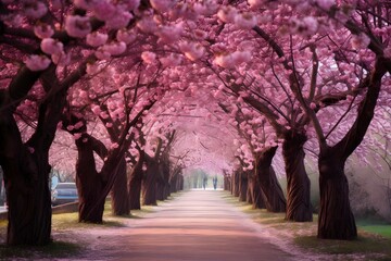 Romantic alley of blossoming cherry trees in a park, evoking a sense of tranquility and spring renewal