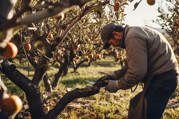 Focused farmer meticulously pruning a pear tree in an orchard, a crucial step for fruitful yield - obrazy, fototapety, plakaty