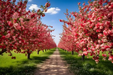 Fototapeta na wymiar A breathtaking view of an apple orchard in full bloom during spring, a herald of the coming fruit season