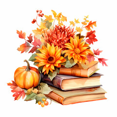 Watercolor illustration of books and autumn leaves. Fall clipart isolated on white bakground.