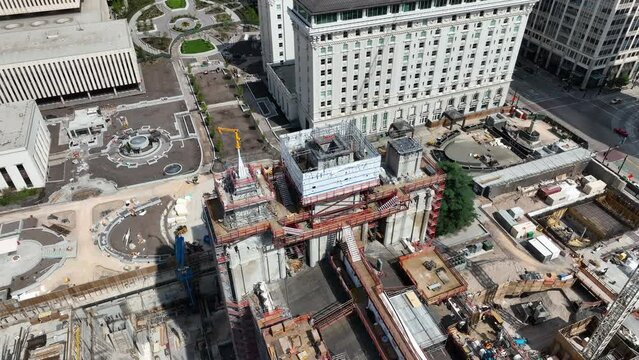 Aerial Salt Lake City Utah LDS Church temple fast pull. City downtown business religious headquarters. The Church of Jesus Christ of Latter-day Saints temple Square. Tourist destination.