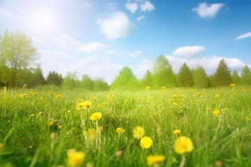 Beautiful meadow field with fresh grass and yellow dandelion flowers in nature against a blurry blue sky with clouds. Summer spring perfect natural, Generative AI