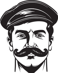 Obraz premium Hand-drawn Retro man in a cap and with a mustache , Retro comics, American cartoon comic books and pulp novels black vector on a white background, illustration, vector, SVG