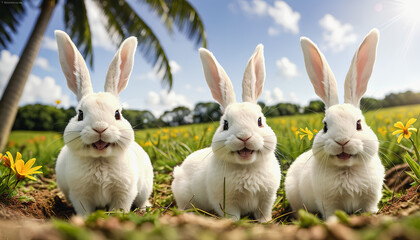 Obraz premium Rabbits frolicking on a deserted island. Generative AI.