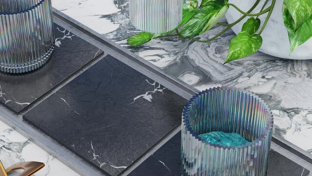 Water pouring in glasses on conveyor belt. 3d animation loop