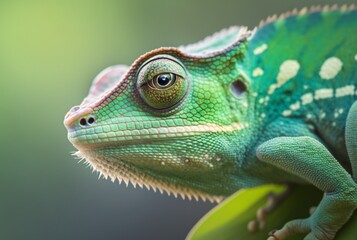 Green chameleon with textured skin close up, blurred tropical background. Generative AI.
