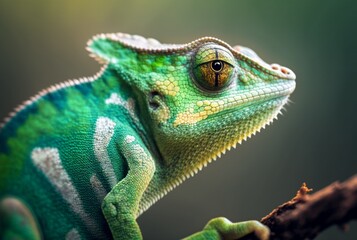Obraz premium Green chameleon with textured skin close up, blurred tropical background. Generative AI.