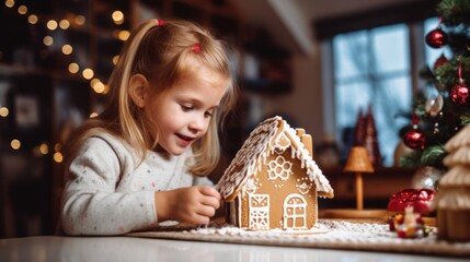 Kleines Mädchen bastelt im Wohnzimmer zur Adventszeit ein Lebkuchenhaus