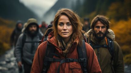 Fototapeta premium Female Backpacker with Friends