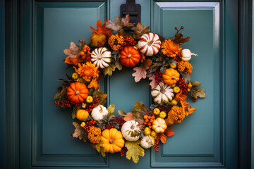 Beautiful autumn wreath with pumpkins, leaves and branches on entrance door. Generative AI.