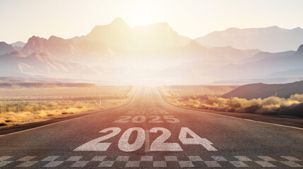 New year 2024,  straightforward road trip travel and future vision of asphalt road at sunrise. Concept of planning, challenge, goal, and new year resolution. Generative AI - obrazy, fototapety, plakaty