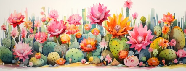 A vibrant painting of interwoven cactuses and flowers, painted in a whimsical watercolor style, speaks to the beauty and harmony of nature