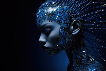 A mesmerizing statue of a woman with vivid blue hair and eyes, captivatingly crafted with artistry and soul, radiates an aura of otherworldly beauty