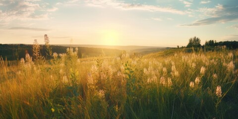Beautiful natural panoramic countryside landscape. Blooming wild high grass in nature at sunset warm summer. Pastoral scenery. Selective focusing on, Generative AI
