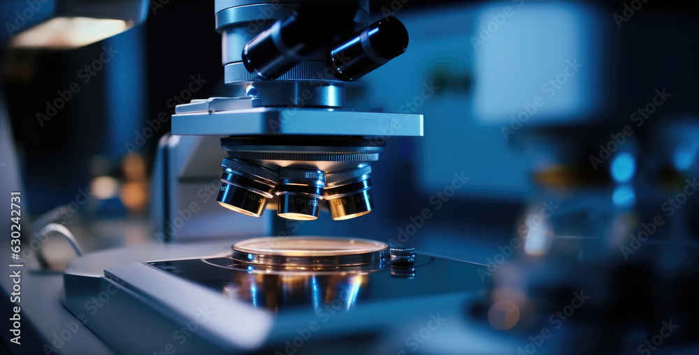 Aufkleber closeup microscope data analysis in the laboratory, medicine equipment research setting in lab for c