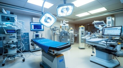 Examination room in a hospital or clinic with diagnostic imaging equipment used to visualize the arteries of the heart, Operating room with modern equipment.