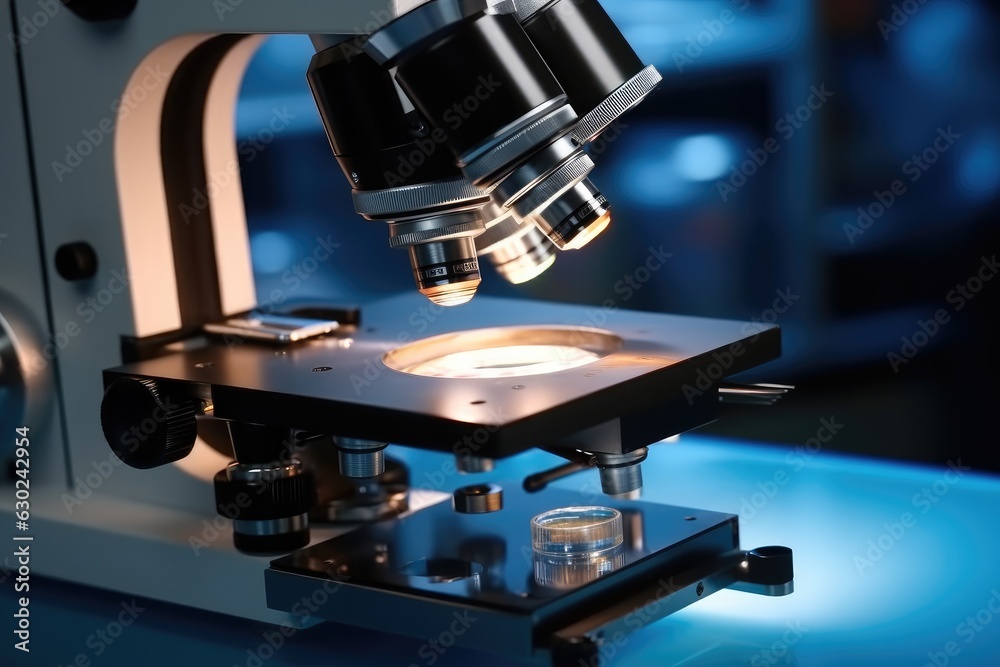 Poster close up of laboratory microscope, research experiments.