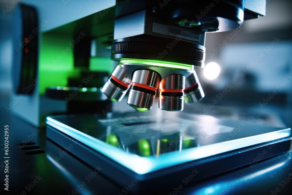 Poster microscope with metal lens at laboratory, professional tools for viewing samples.