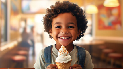 Little boy holding ice cream in ice cream shop. Generative AI