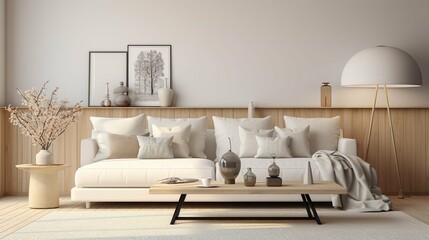 Modern Simple Living Room Interior in White Beige Color. Generative AI