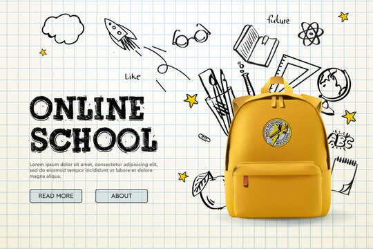 Back to school, online school banner, poster. Yellow backpack with school supplies on the background of a checkered paper with different doodle scientific icons. Vector illustration