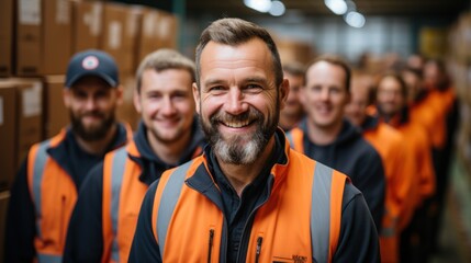 Fototapeta premium delivery man in warehouse Delivery man holding parcel box looking at camera with work team behind